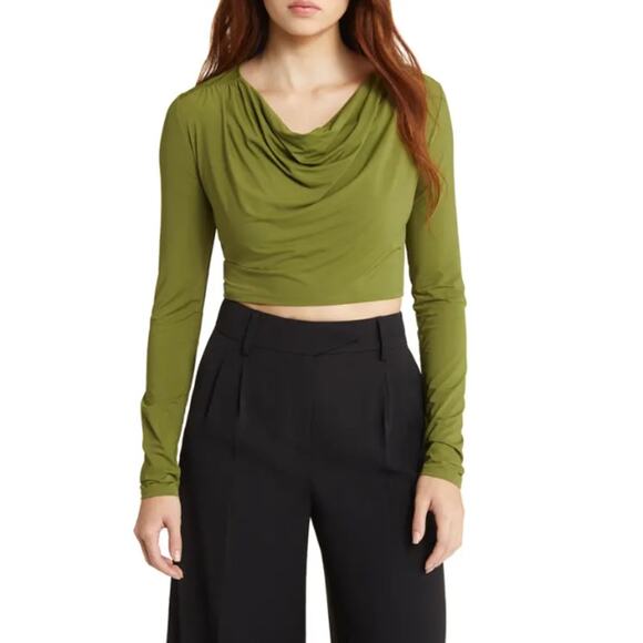 New ~ OPEN EDIT NORDSTROM ~ Women's Green Cowl Neck Cropped Blouse Top Size S - Picture 1 of 8